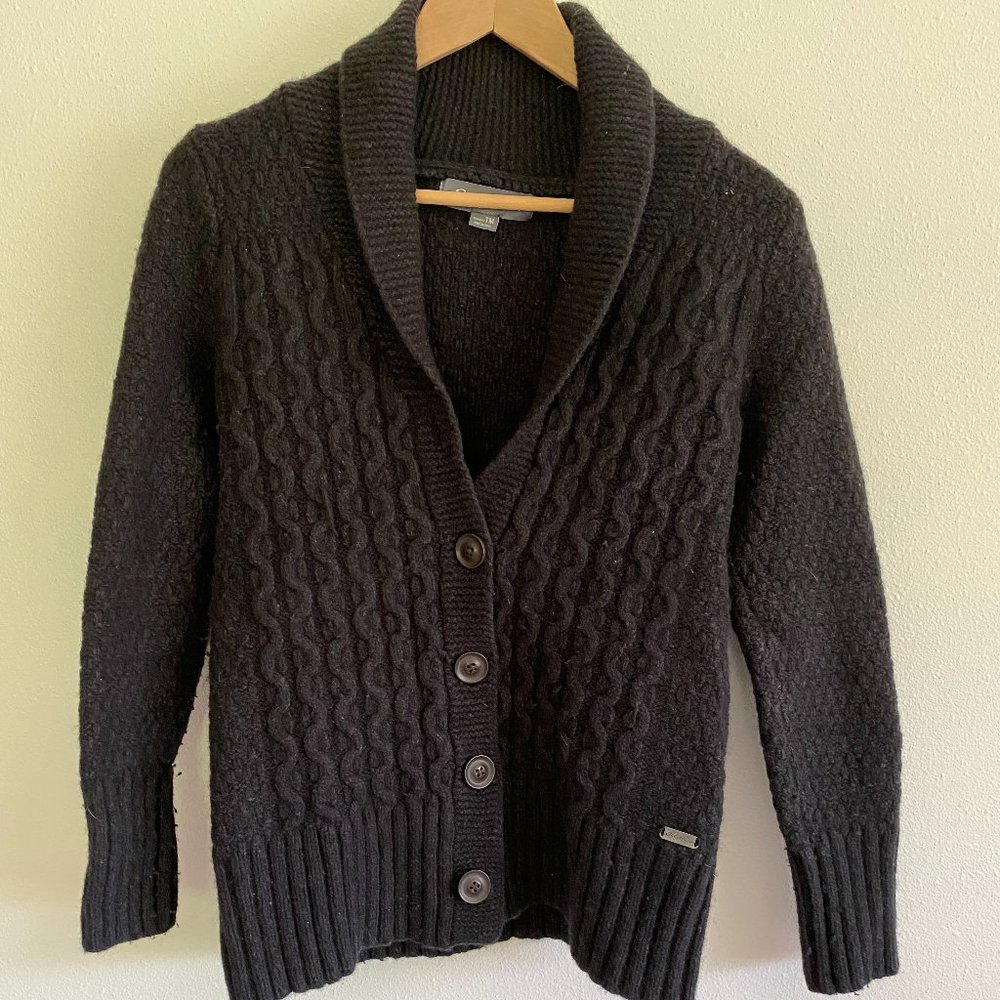 Eddie Bauer, M tall, gray shawl cable cardigan EUC